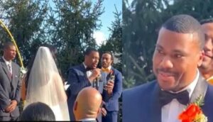 African-American groom speaks in bride’s native language Malayalam during vows.
